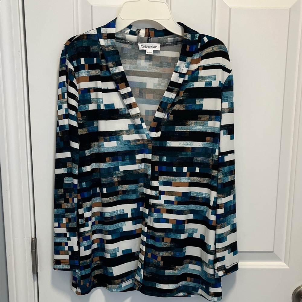 Calvin Klein Women's Geometric Long Sleeve Top - Blue, Black, White